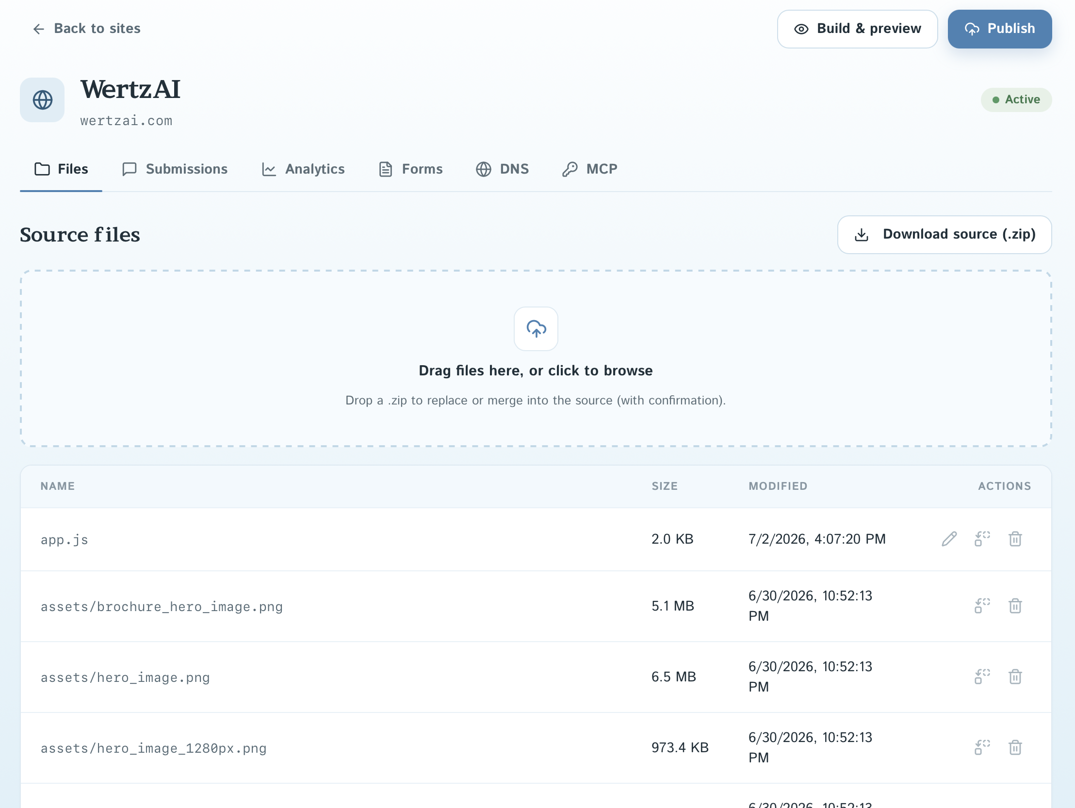 WertzAI Sites dashboard — source file manager for wertzai.com